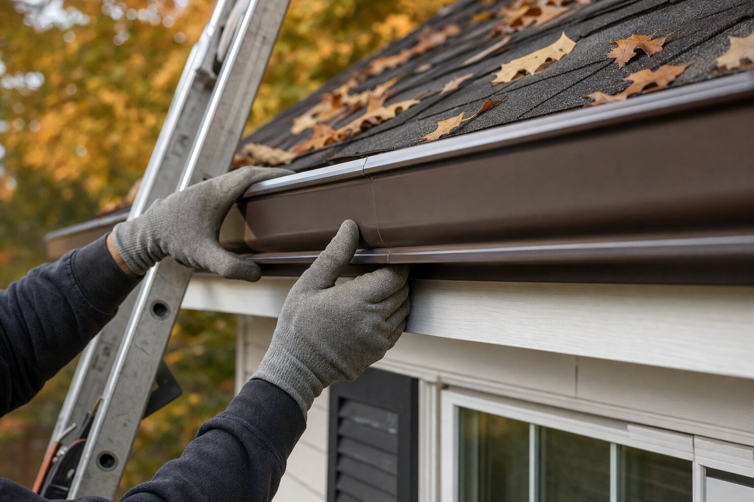 A roofer's gloved hands fitting a seamless bronze aluminum gutter to a white fascia board.