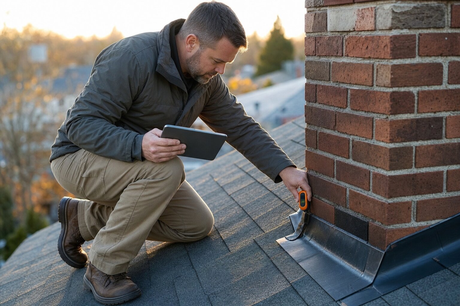 A roofing inspector kneeling beside a brick chimney with a clipboard and moisture meter.