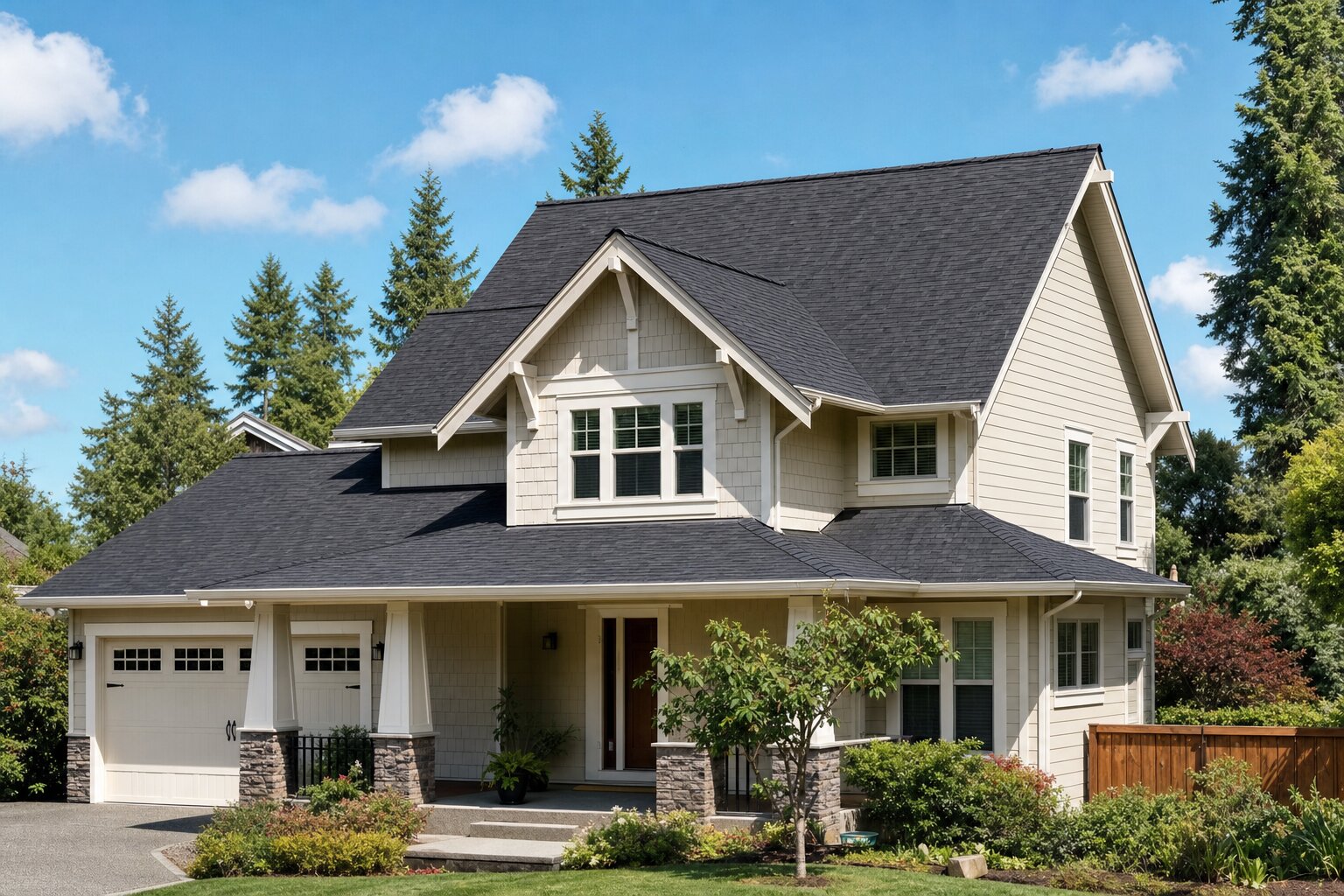 A completed charcoal architectural shingle roof on a two-story home with cream siding.