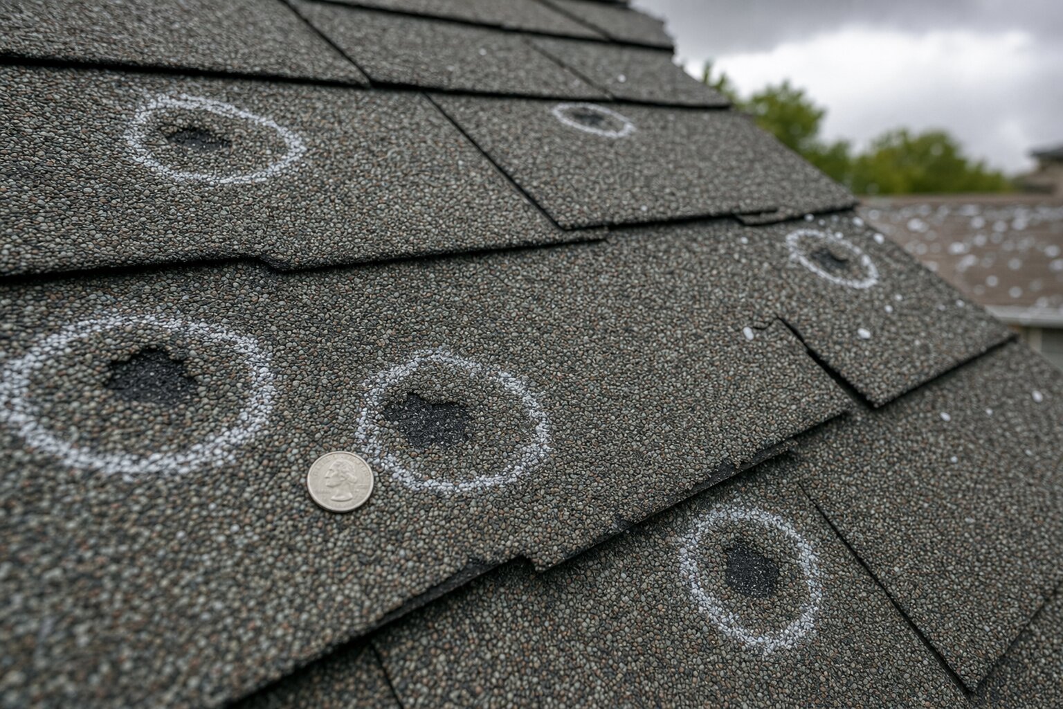 Close-up of hail-damaged asphalt shingles with granule loss and an inspector's chalk marks.